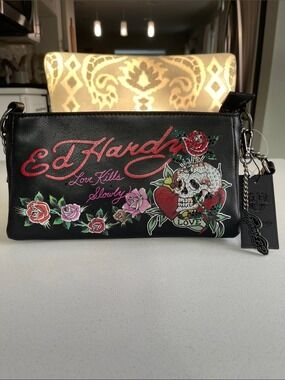 NWT Ed Hardy "Love Kills Slowly" faux-leather clutch/ shoulder bag